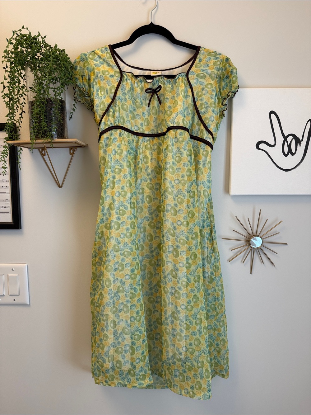 Vintage Y2K Yellow Green Floral Trimmed Babydoll Dress
